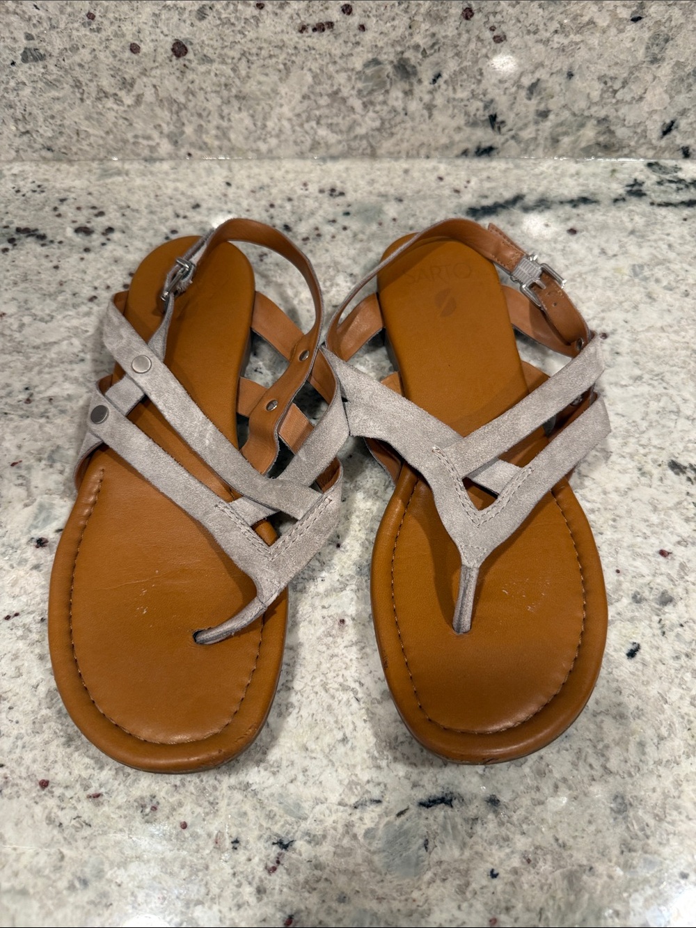 Franco Sarto Silver Strappy T‑Bar Sandals with Tan Footbed